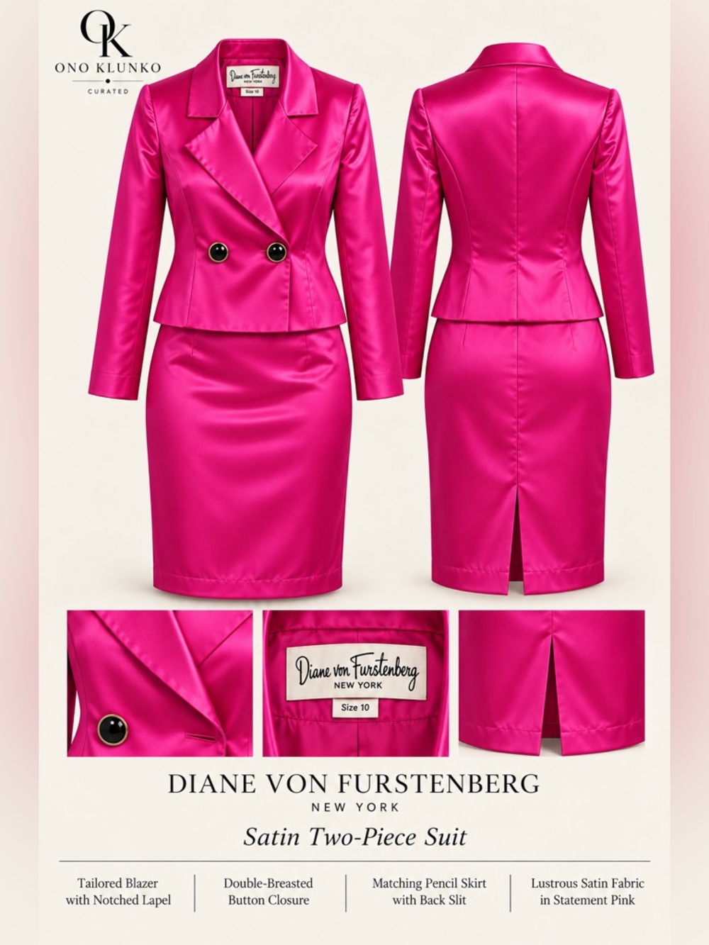 Vintage 1980s Diane von Furstenberg Fuchsia Satin Skirt Suit